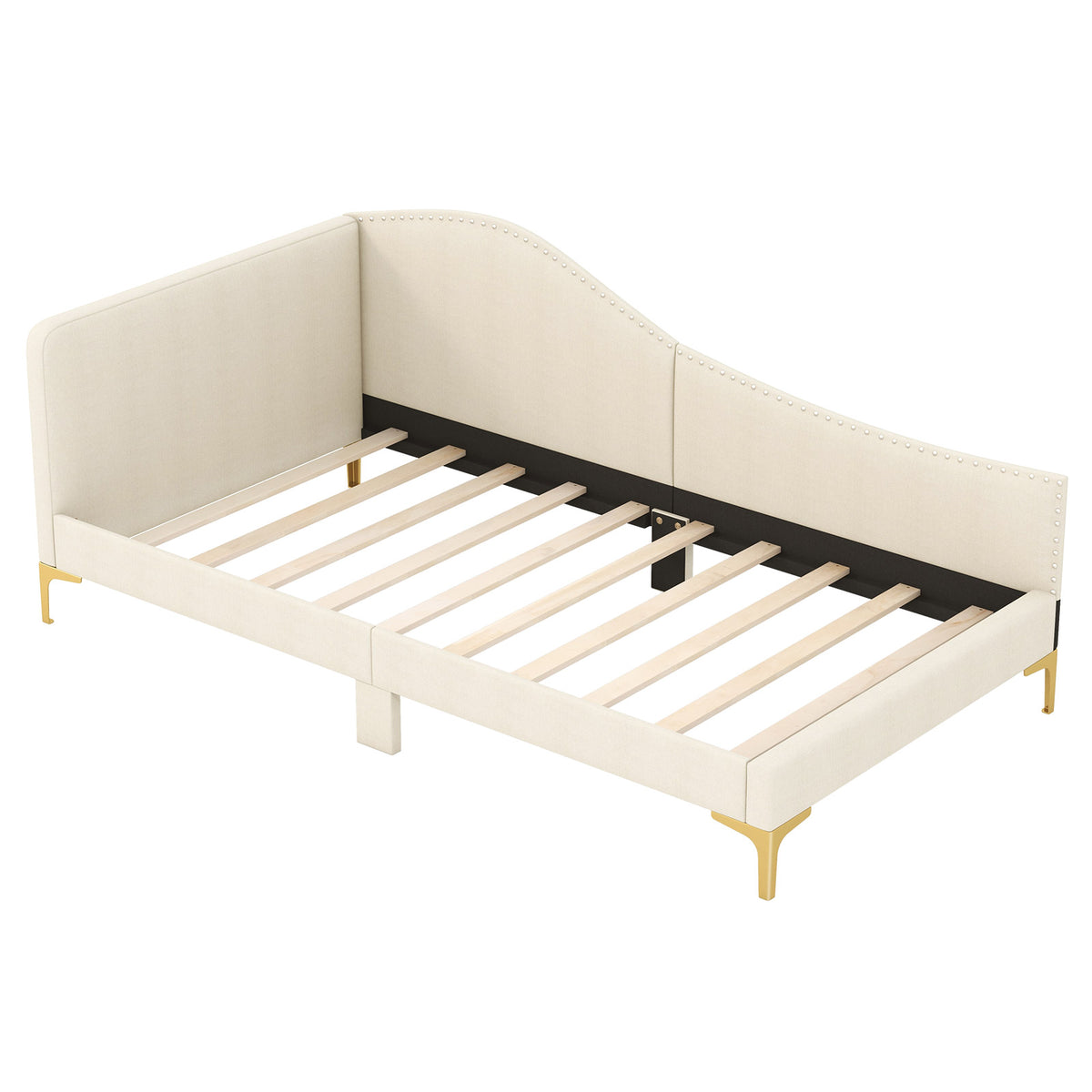 Upholstered Daybed with Metal Legs and Wood Slats-Trundle Bed Frame-DECOROLALA