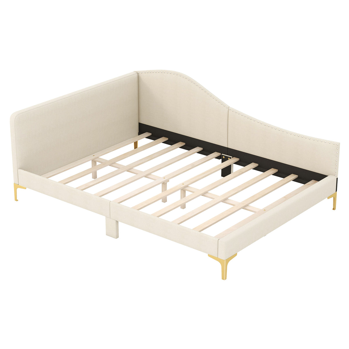 Upholstered Daybed with Metal Legs and Wood Slats-Trundle Bed Frame-DECOROLALA
