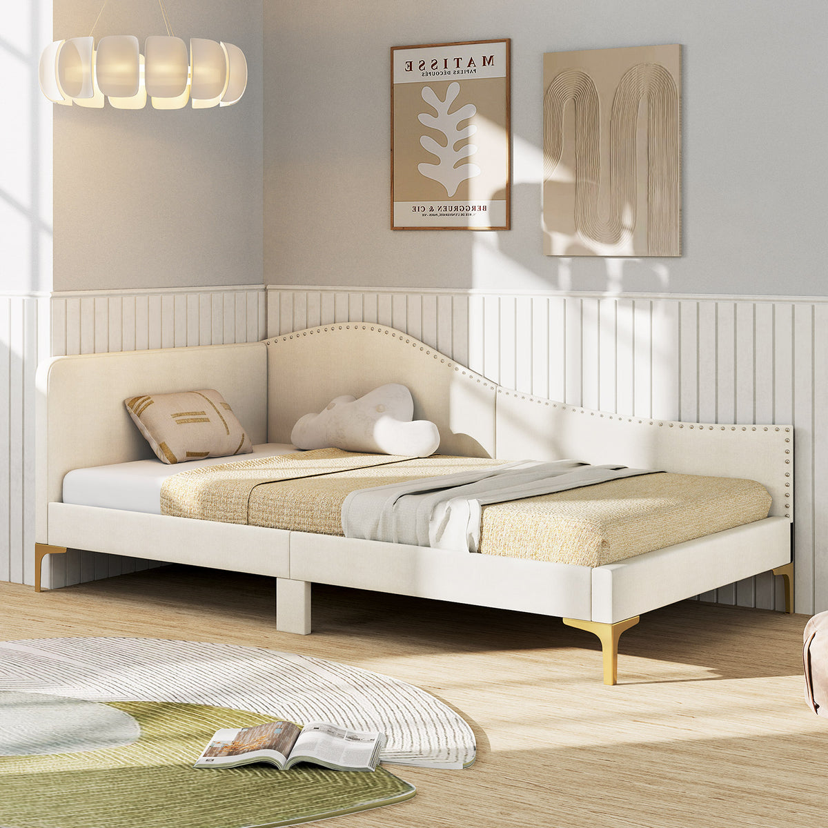 Upholstered Daybed with Metal Legs and Wood Slats-Trundle Bed Frame-DECOROLALA