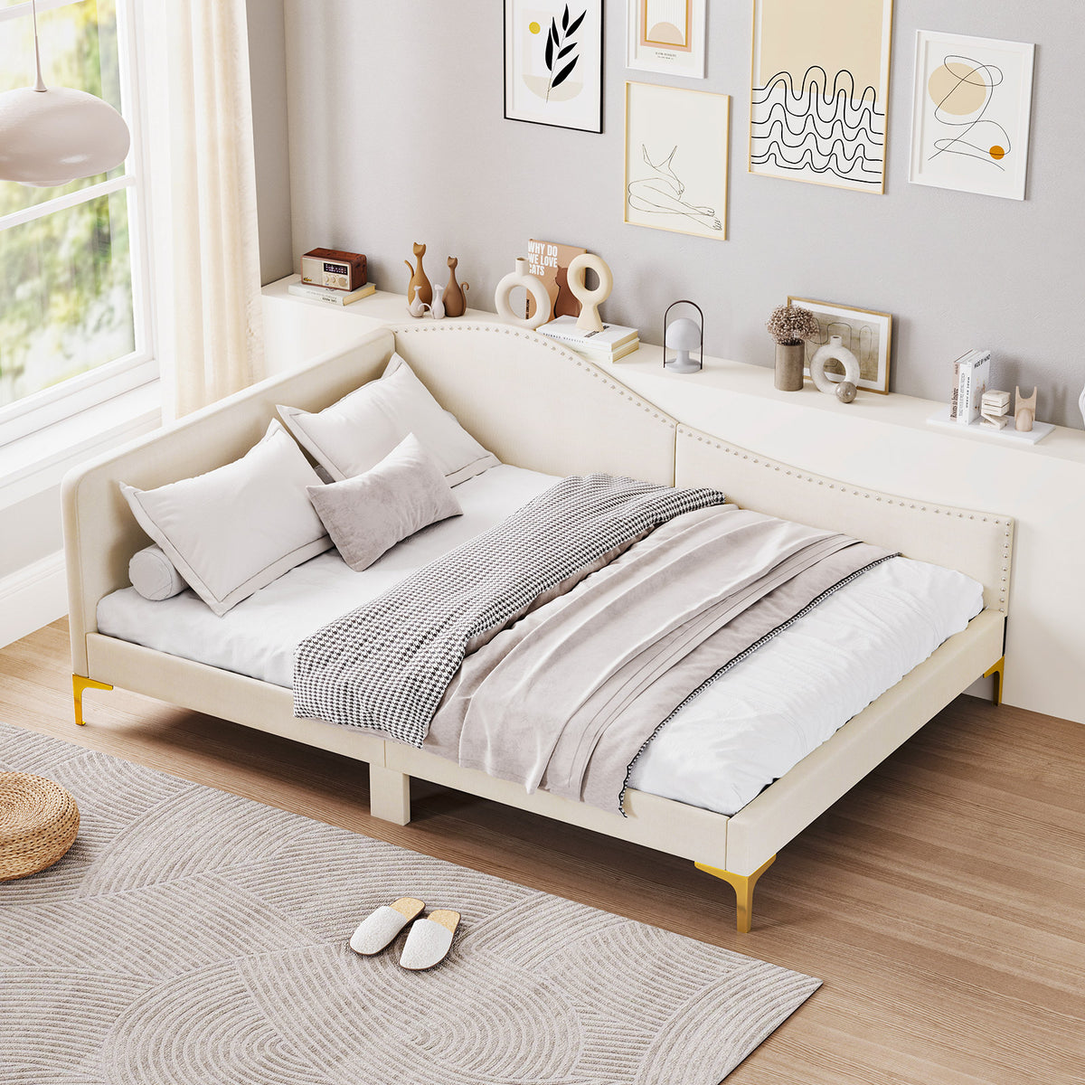 Upholstered Daybed with Metal Legs and Wood Slats-Trundle Bed Frame-DECOROLALA