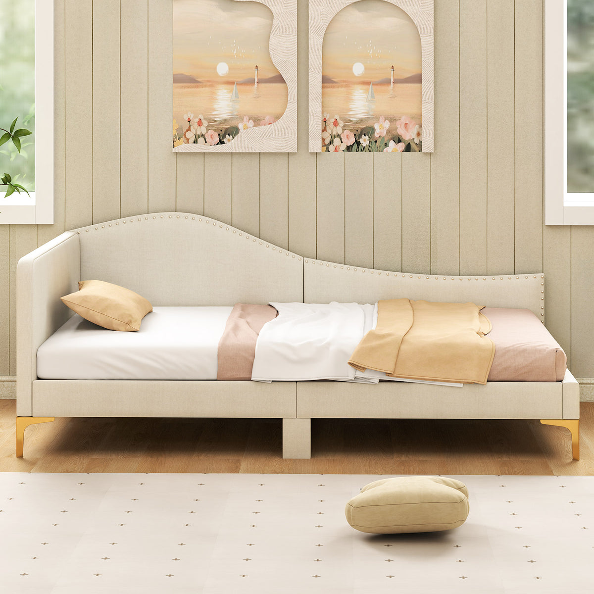 Upholstered Daybed with Metal Legs and Wood Slats-Trundle Bed Frame-DECOROLALA