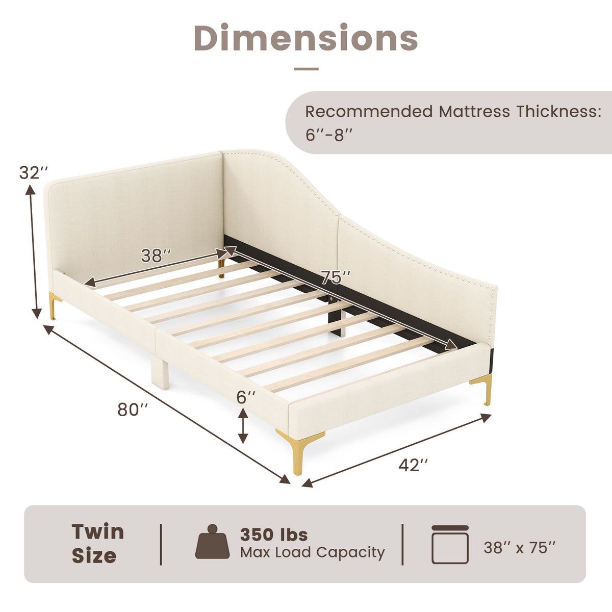 Upholstered Daybed with Metal Legs and Wood Slats-Trundle Bed Frame-DECOROLALA