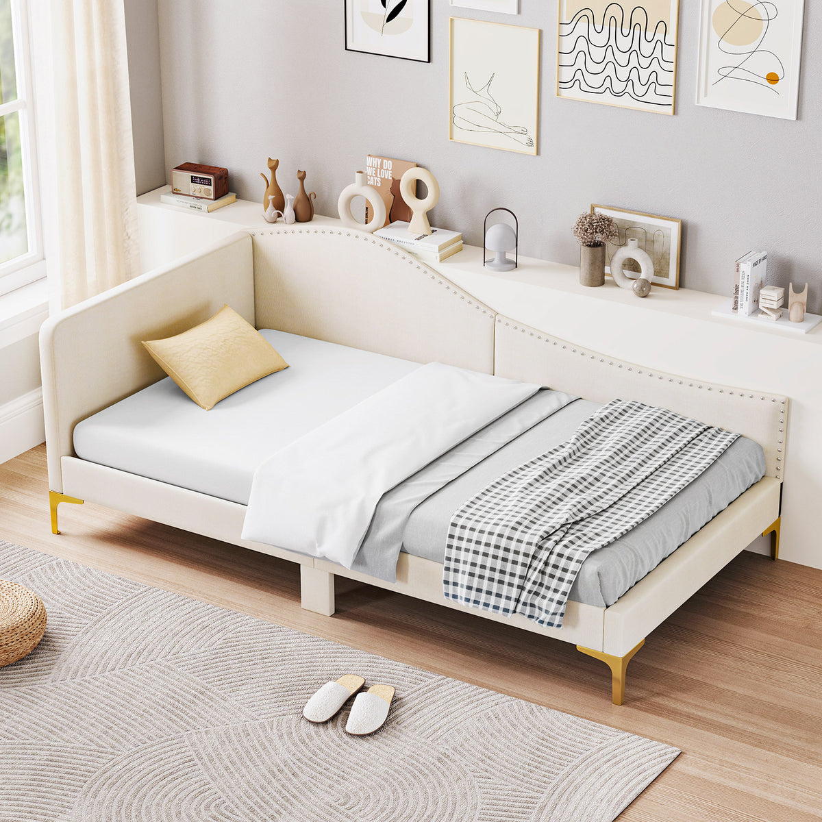 Upholstered Daybed with Metal Legs and Wood Slats-Trundle Bed Frame-DECOROLALA