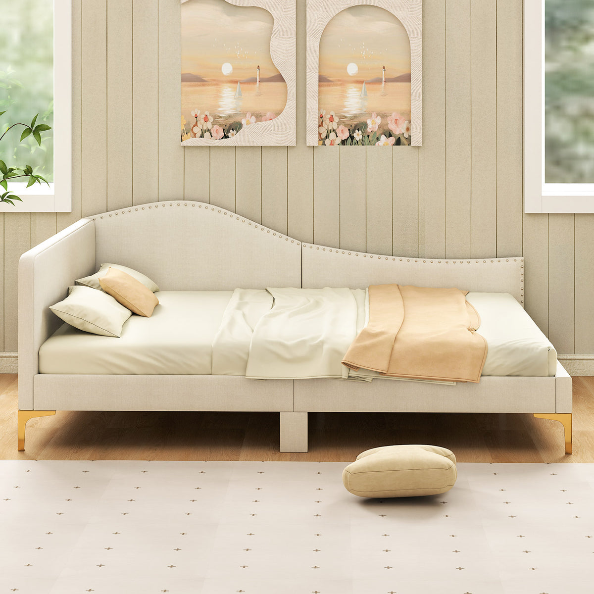 Upholstered Daybed with Metal Legs and Wood Slats-Trundle Bed Frame-DECOROLALA