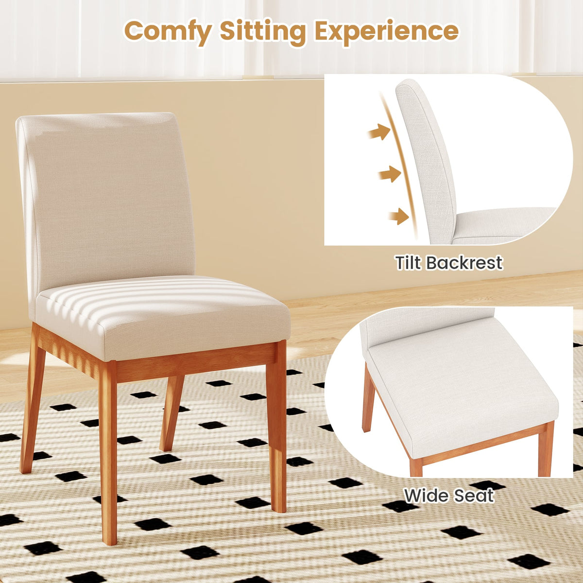 Upholstered Dining Chairs Set of 2 Kitchen Armless Side Chairs with Rubber Wood Legs-Beige-Dining Chairs-DECOROLALA