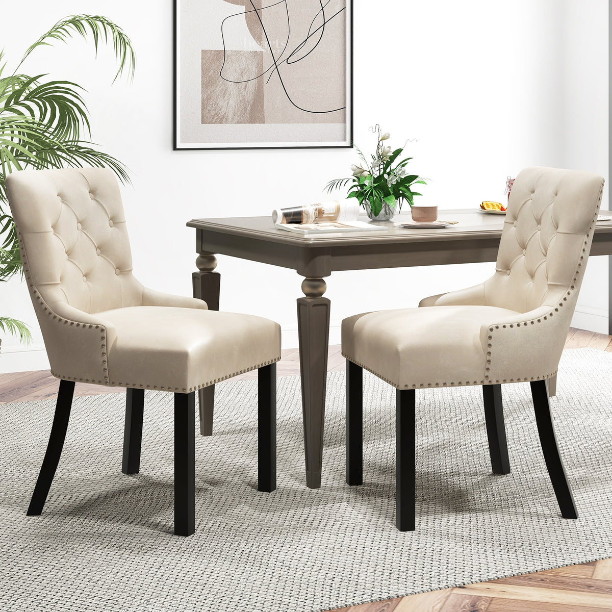 Upholstered Dining Chairs Set of 2 Tufted Wingback Chairs with Rubber Wood Legs-Beige-Dining Chairs-DECOROLALA
