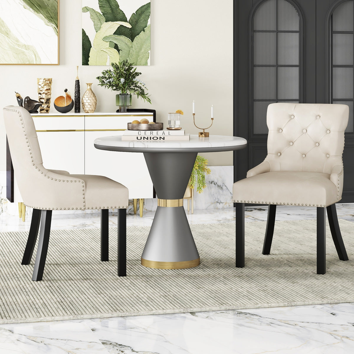 Upholstered Dining Chairs Set of 2 Tufted Wingback Chairs with Rubber Wood Legs-Beige-Dining Chairs-DECOROLALA