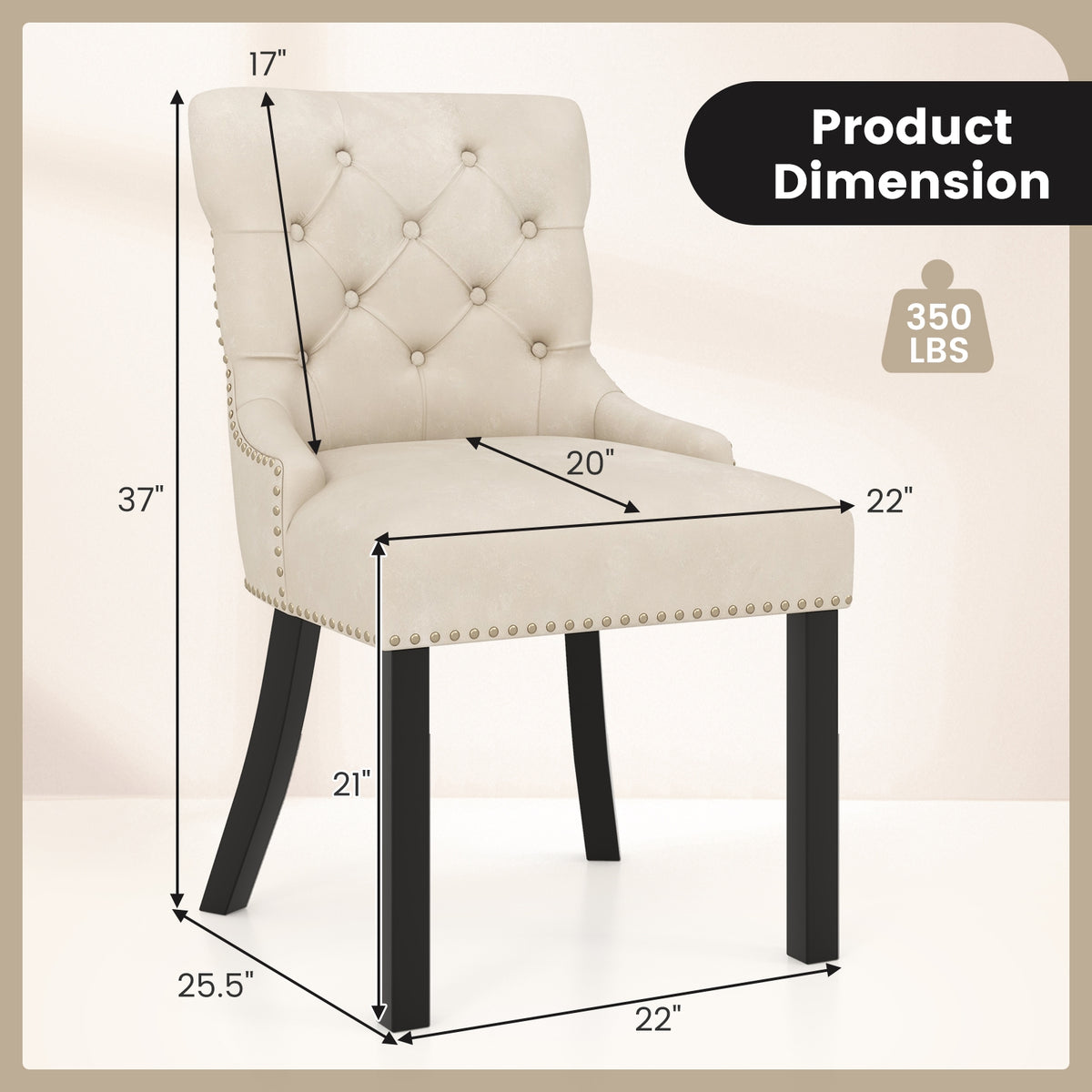 Upholstered Dining Chairs Set of 2 Tufted Wingback Chairs with Rubber Wood Legs-Beige-Dining Chairs-DECOROLALA