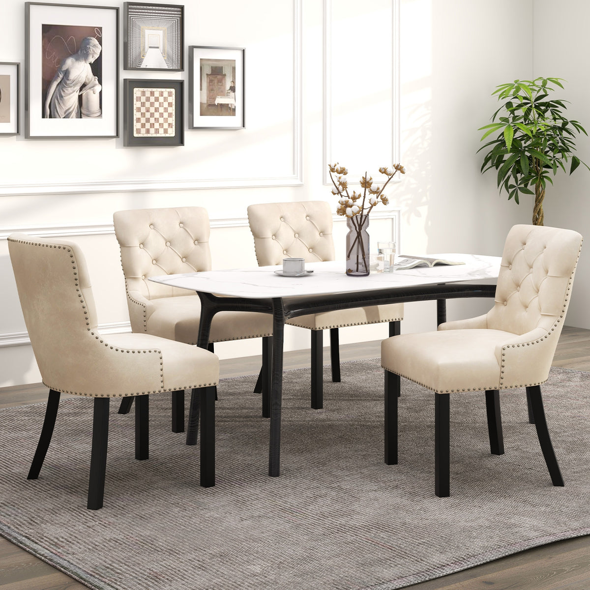 Upholstered Dining Chairs Set of 2 Tufted Wingback Chairs with Rubber Wood Legs-Beige-Dining Chairs-DECOROLALA