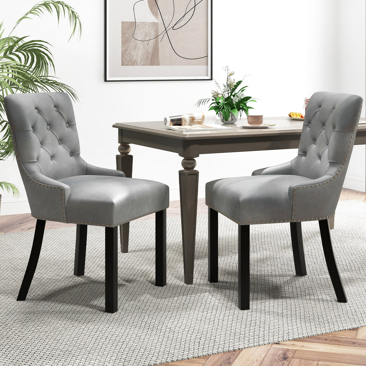 Upholstered Dining Chairs Set of 2 Tufted Wingback Chairs with Rubber Wood Legs-Gray-Dining Chairs-DECOROLALA