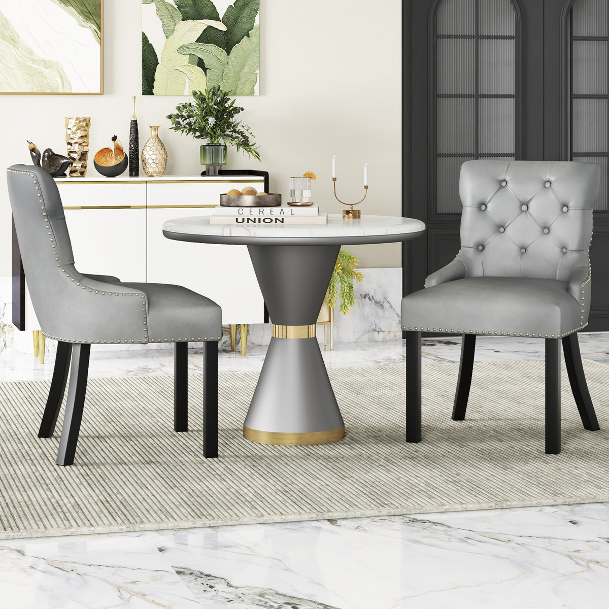 Upholstered Dining Chairs Set of 2 Tufted Wingback Chairs with Rubber Wood Legs-Gray-Dining Chairs-DECOROLALA