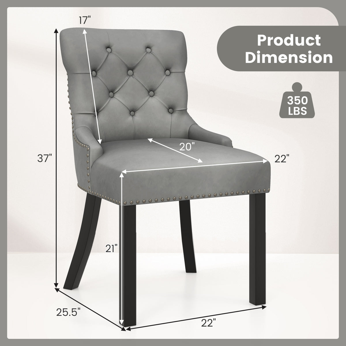 Upholstered Dining Chairs Set of 2 Tufted Wingback Chairs with Rubber Wood Legs-Gray-Dining Chairs-DECOROLALA