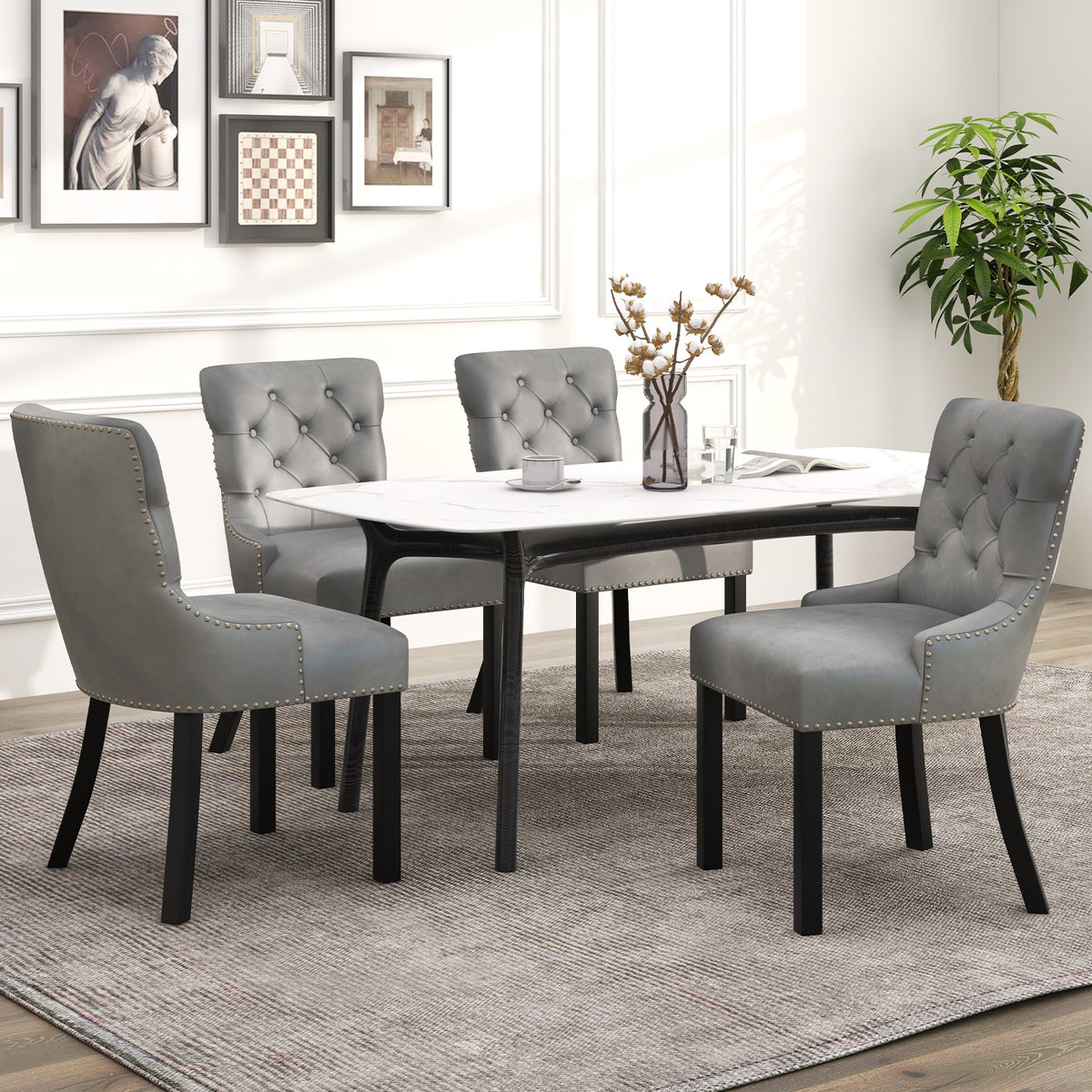 Upholstered Dining Chairs Set of 2 Tufted Wingback Chairs with Rubber Wood Legs-Gray-Dining Chairs-DECOROLALA
