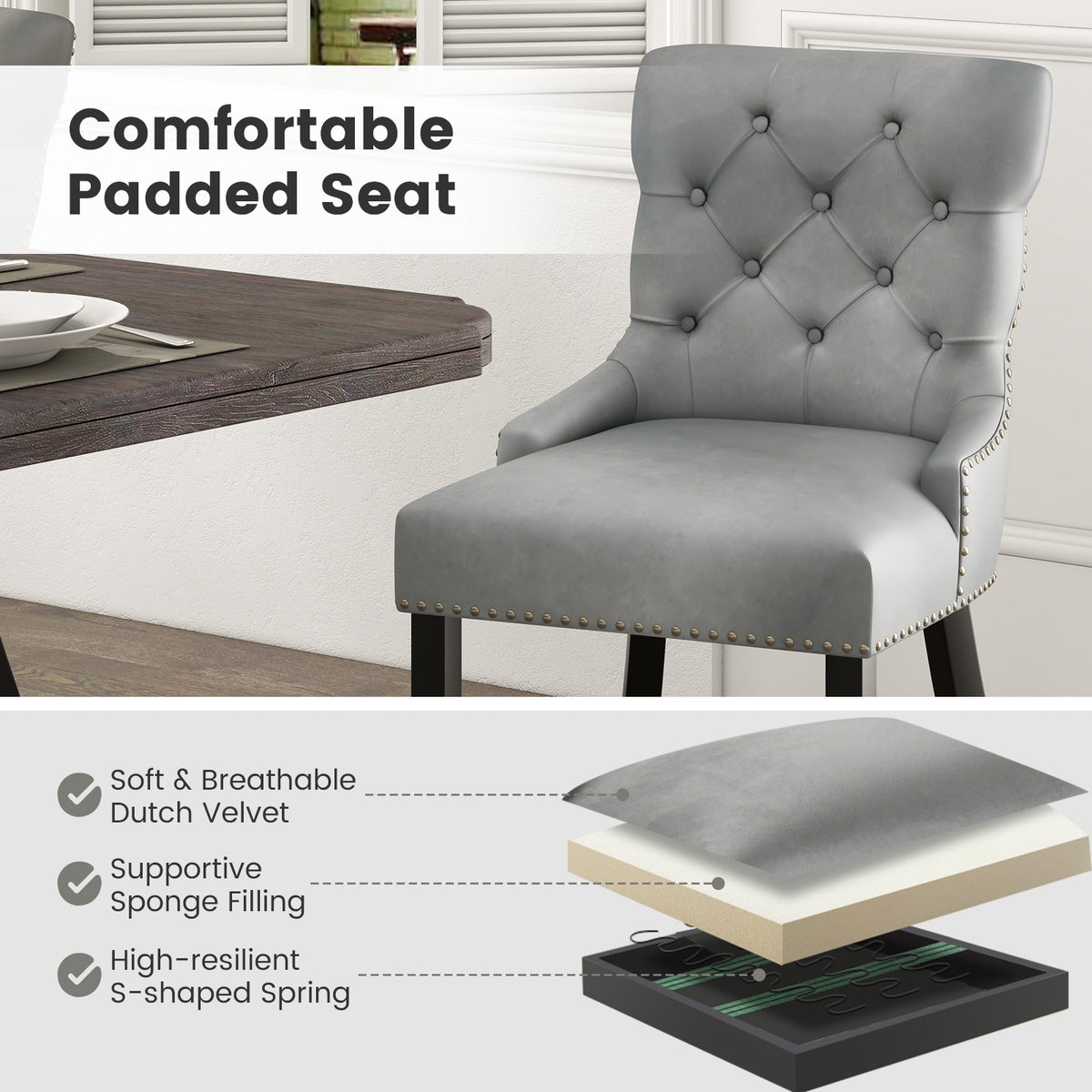 Upholstered Dining Chairs Set of 2 Tufted Wingback Chairs with Rubber Wood Legs-Gray-Dining Chairs-DECOROLALA
