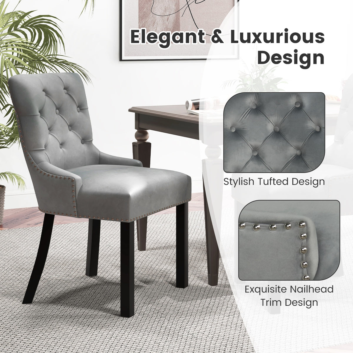 Upholstered Dining Chairs Set of 2 Tufted Wingback Chairs with Rubber Wood Legs-Gray-Dining Chairs-DECOROLALA