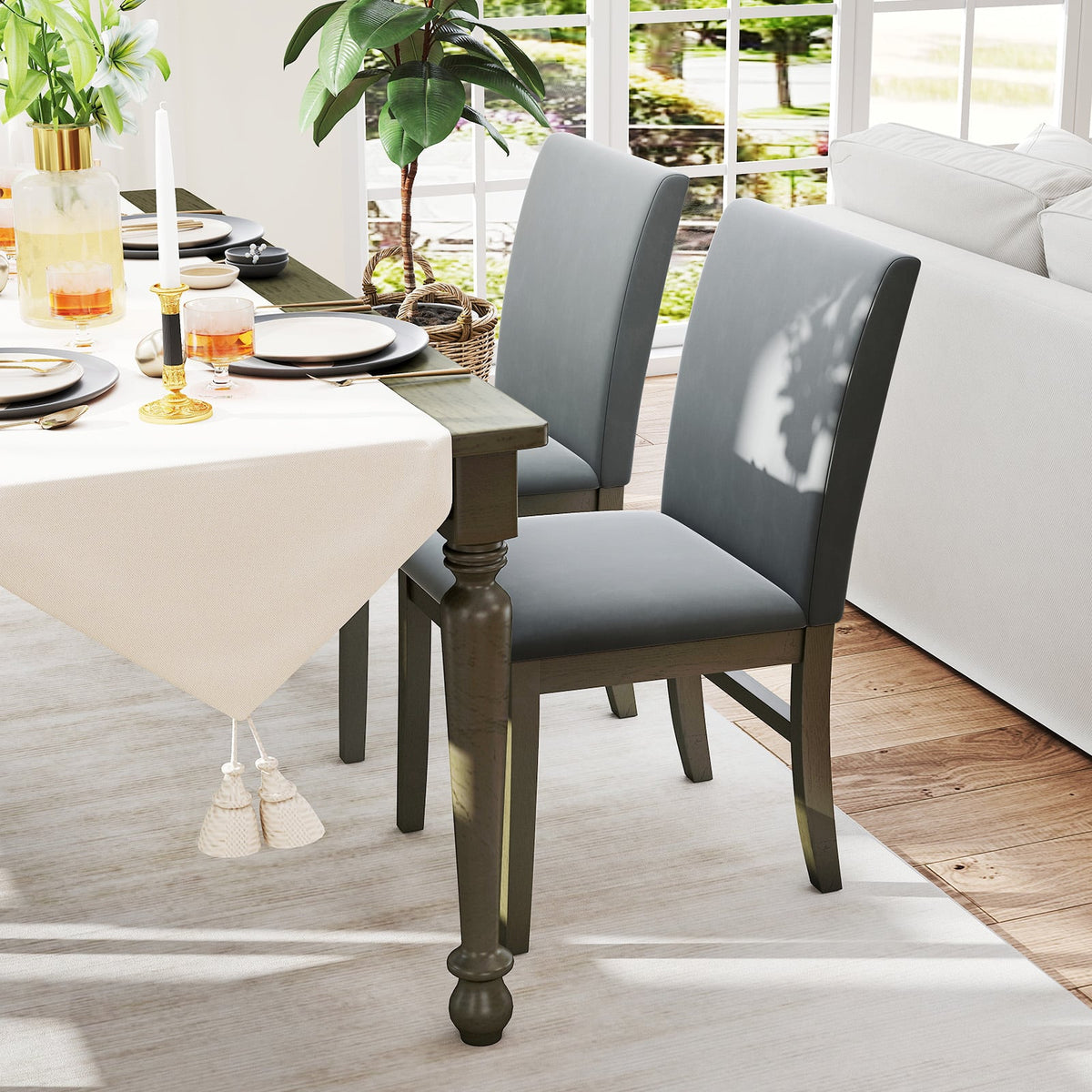 Upholstered Dining Chairs Set of 2 with Rubber Wood Legs and High Back-Gray-Dining Chairs-DECOROLALA