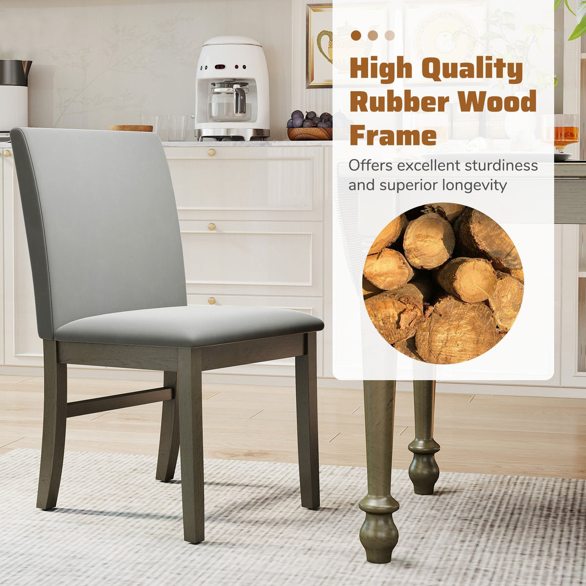 Upholstered Dining Chairs Set of 2 with Rubber Wood Legs and High Back-Gray-Dining Chairs-DECOROLALA