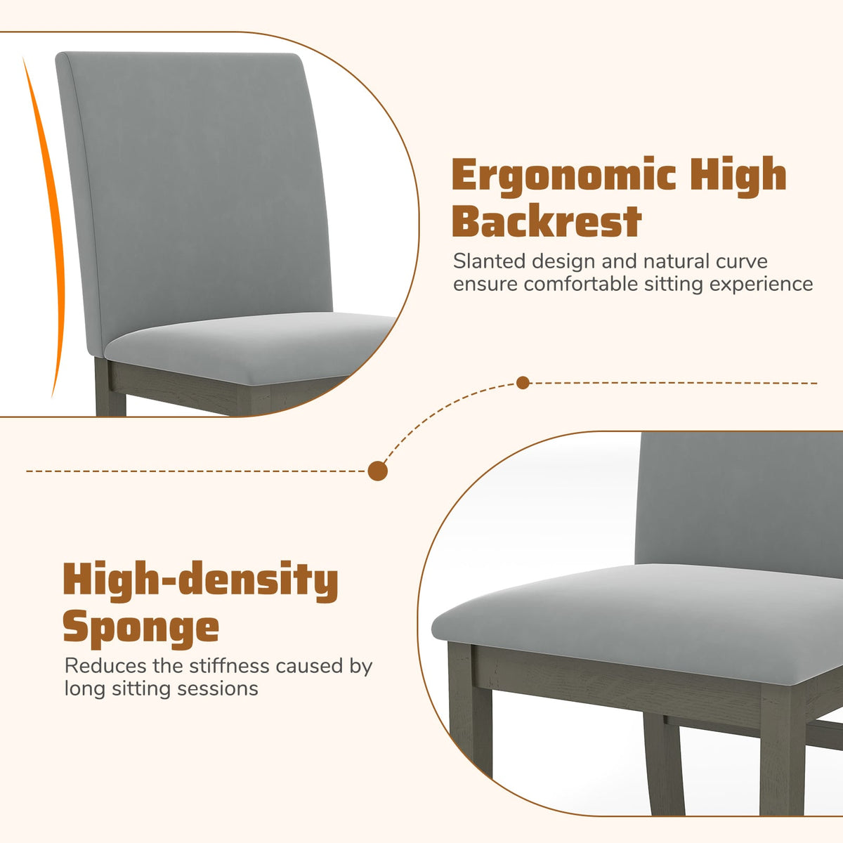Upholstered Dining Chairs Set of 2 with Rubber Wood Legs and High Back-Gray-Dining Chairs-DECOROLALA