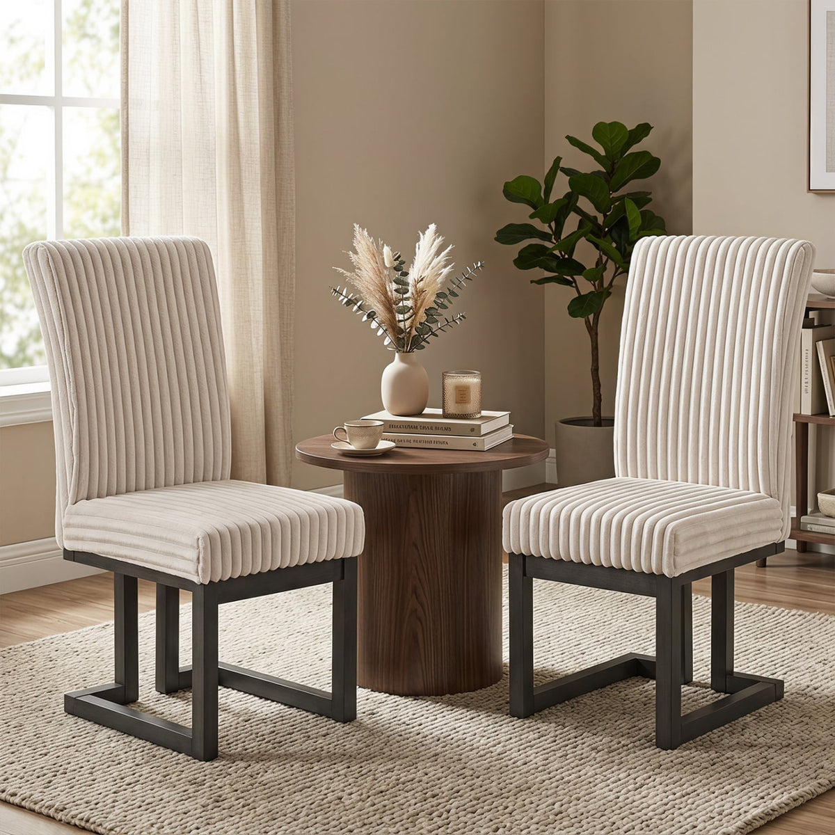 Upholstered Dining Chairs Set of 2 with Rubber Wood Legs and Padded Seat for Dining Room-Beige-Dining Chairs-DECOROLALA