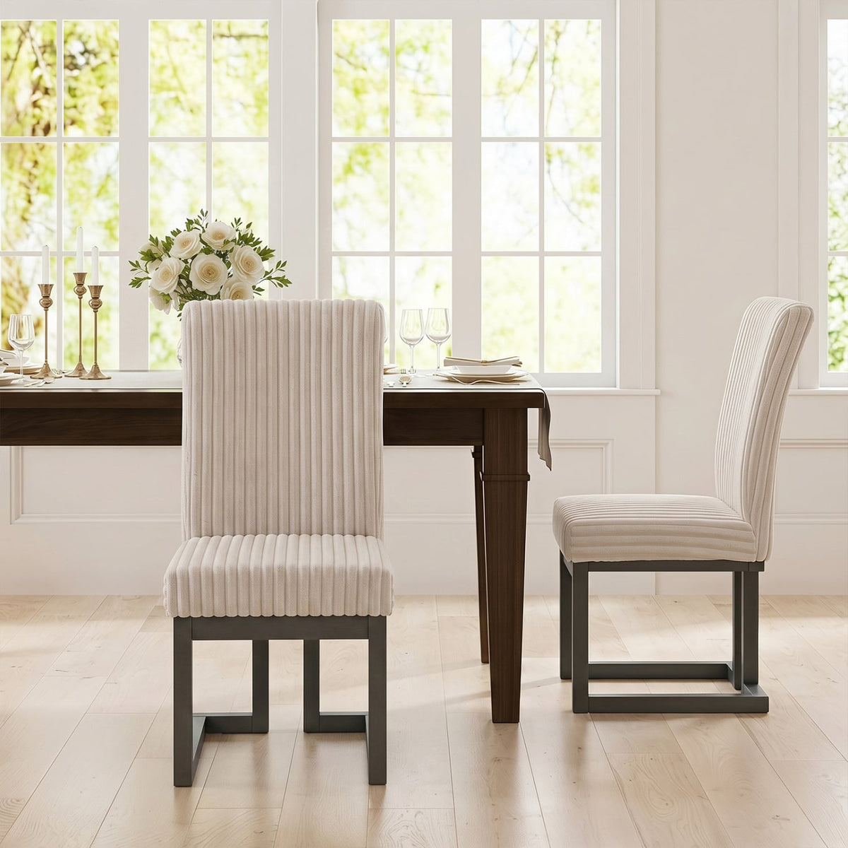 Upholstered Dining Chairs Set of 2 with Rubber Wood Legs and Padded Seat for Dining Room-Beige-Dining Chairs-DECOROLALA