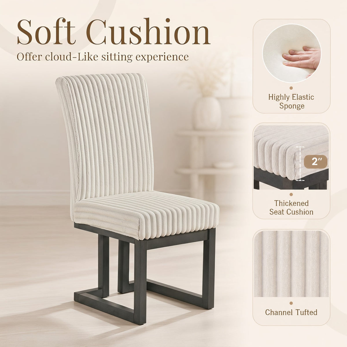 Upholstered Dining Chairs Set of 2 with Rubber Wood Legs and Padded Seat for Dining Room-Beige-Dining Chairs-DECOROLALA