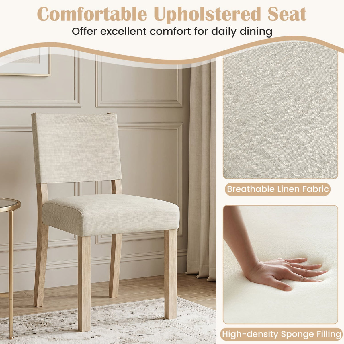 Upholstered Dining Chairs with Solid Rubber Wood Legs Set of 2-Beige-Dining Chairs-DECOROLALA