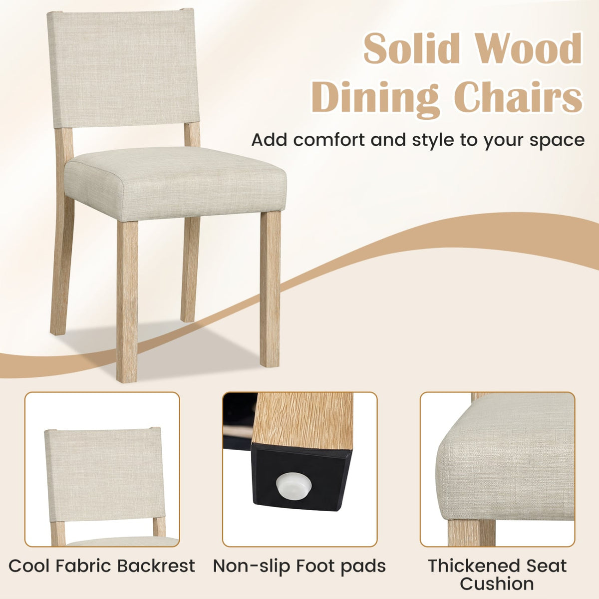 Upholstered Dining Chairs with Solid Rubber Wood Legs Set of 2-Beige-Dining Chairs-DECOROLALA