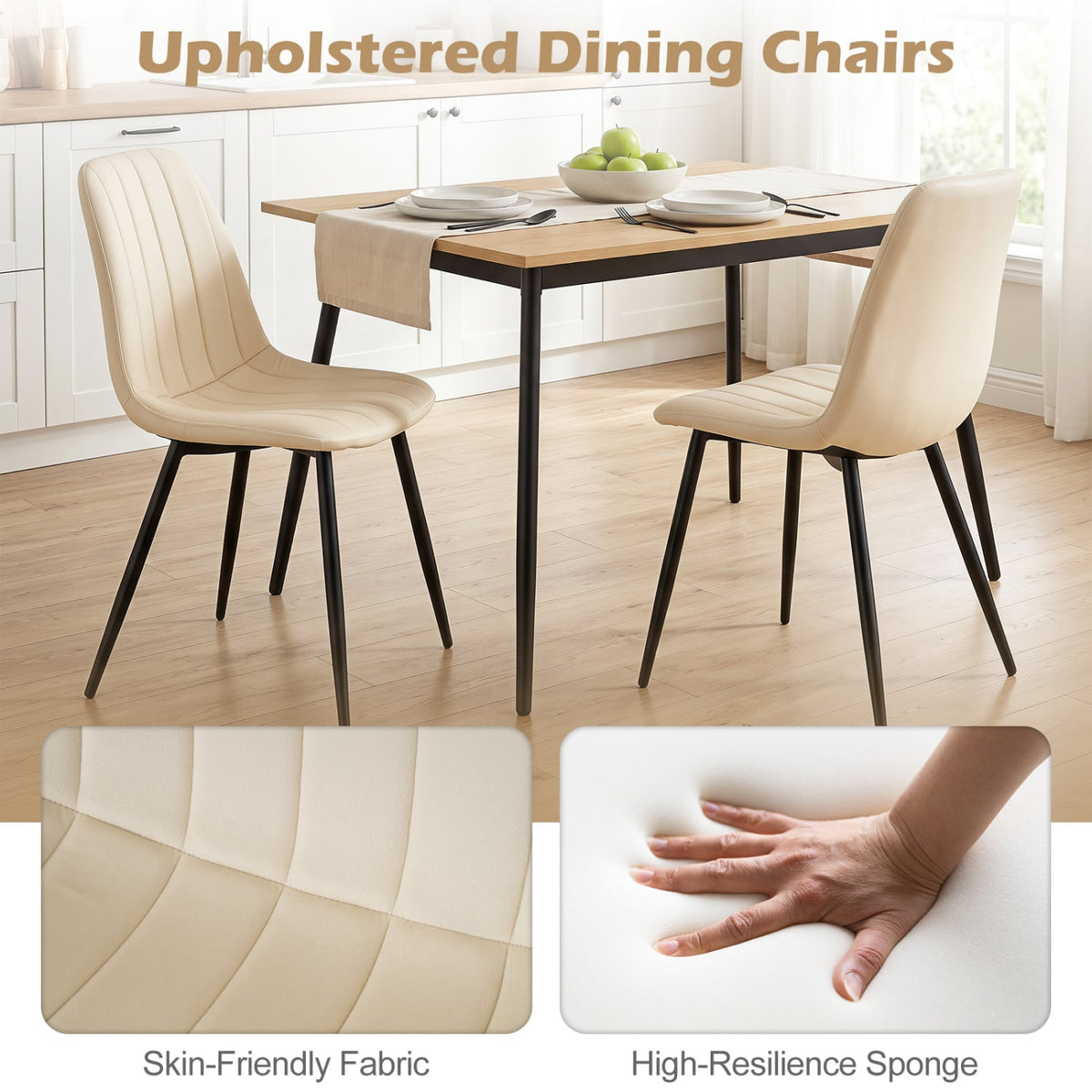 Upholstered Fabric Dining Chairs Set of 4 with Sturdy Metal Legs and Curved Backrest-Beige-Dining Chairs-DECOROLALA