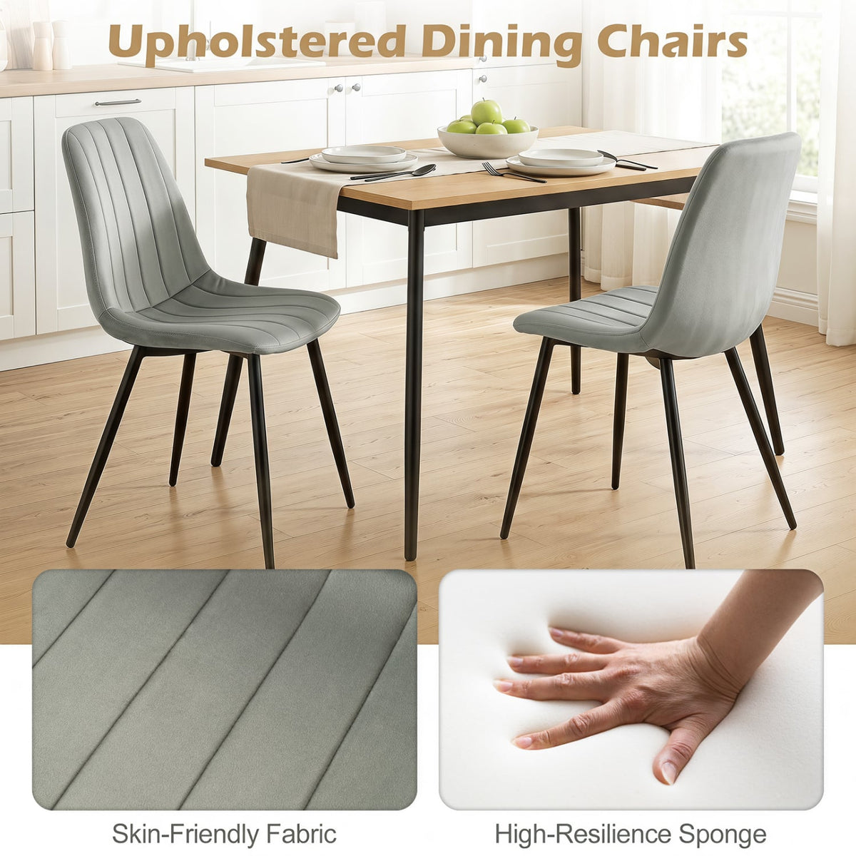 Upholstered Fabric Dining Chairs Set of 4 with Sturdy Metal Legs and Curved Backrest-Gray-Dining Chairs-DECOROLALA