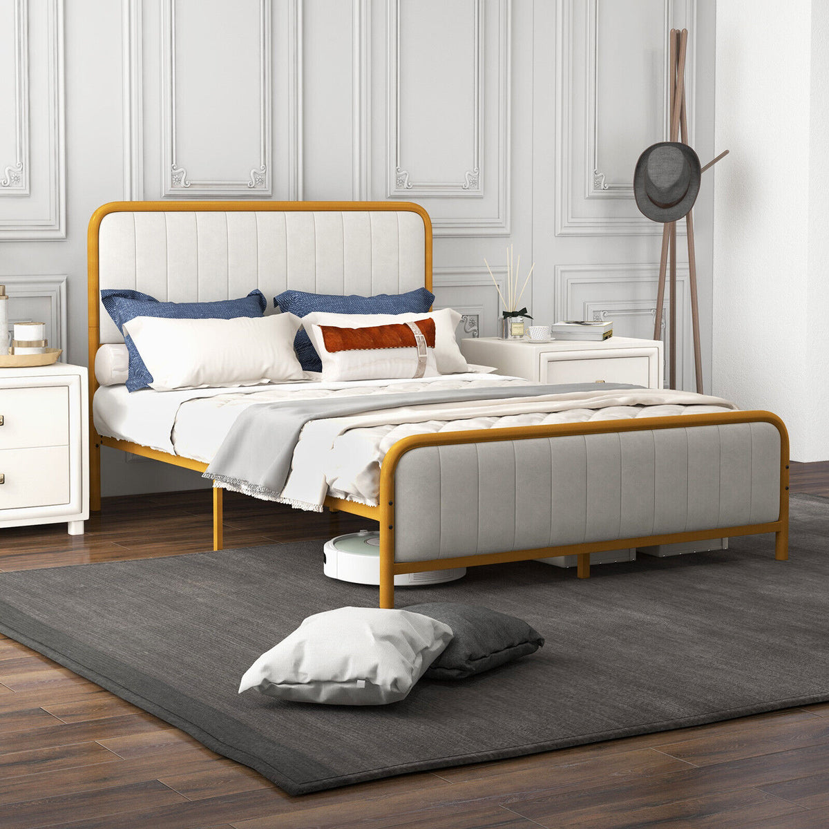 Upholstered Gold Platform Bed Frame with Velvet Headboard-Full Size-Simple Bed Frame-DECOROLALA
