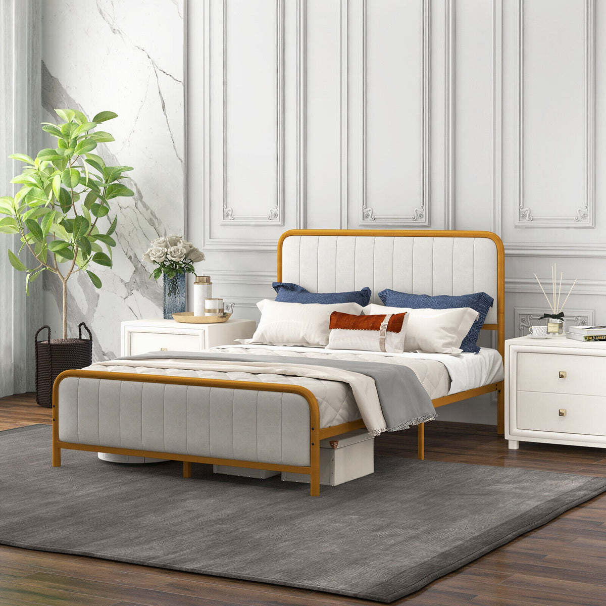 Upholstered Gold Platform Bed Frame with Velvet Headboard-Full Size-Simple Bed Frame-DECOROLALA