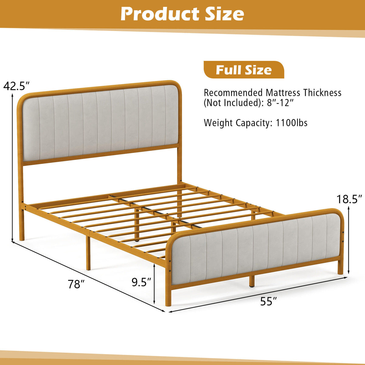 Upholstered Gold Platform Bed Frame with Velvet Headboard-Full Size-Simple Bed Frame-DECOROLALA