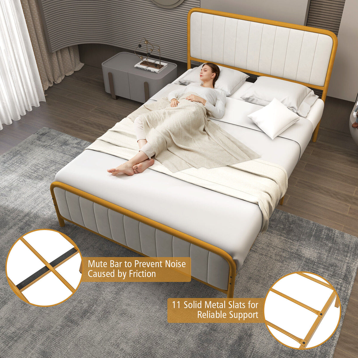 Upholstered Gold Platform Bed Frame with Velvet Headboard-Full Size-Simple Bed Frame-DECOROLALA