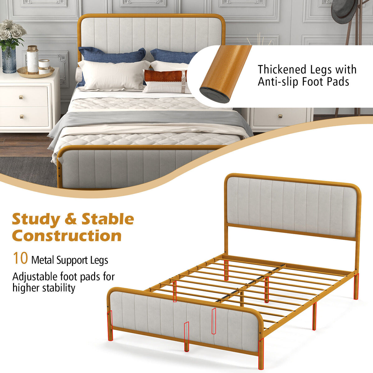 Upholstered Gold Platform Bed Frame with Velvet Headboard-Full Size-Simple Bed Frame-DECOROLALA