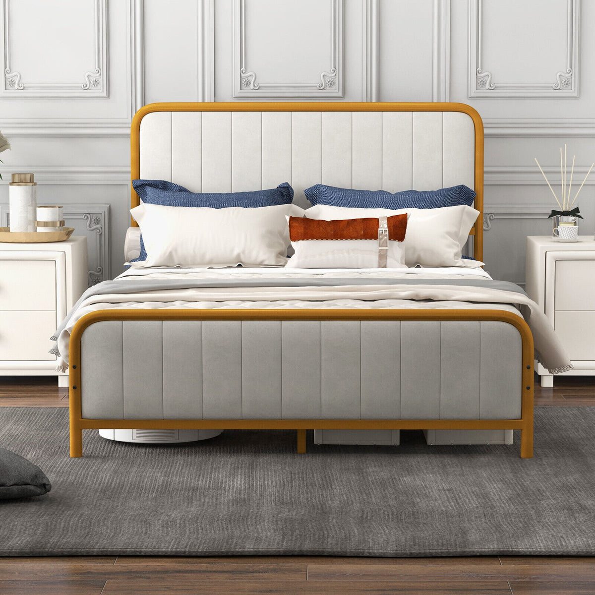 Upholstered Gold Platform Bed Frame with Velvet Headboard-Full Size-Simple Bed Frame-DECOROLALA