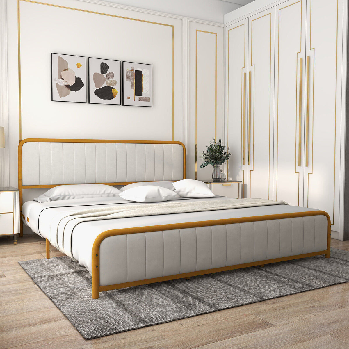 Upholstered Gold Platform Bed Frame with Velvet Headboard-King Size-Simple Bed Frame-DECOROLALA