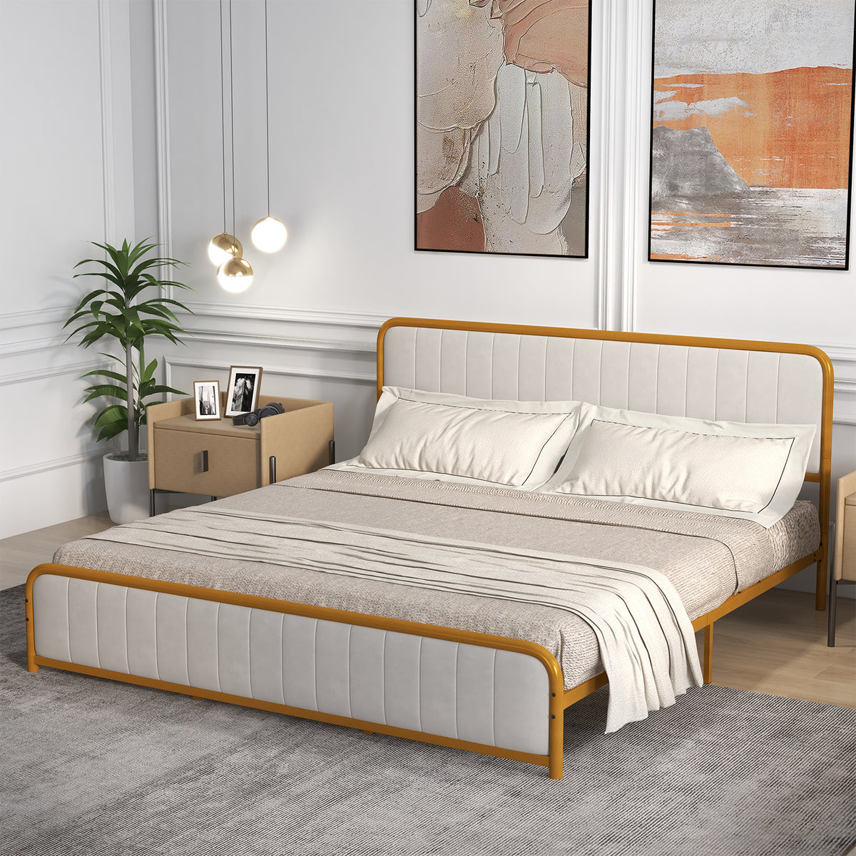 Upholstered Gold Platform Bed Frame with Velvet Headboard-King Size-Simple Bed Frame-DECOROLALA