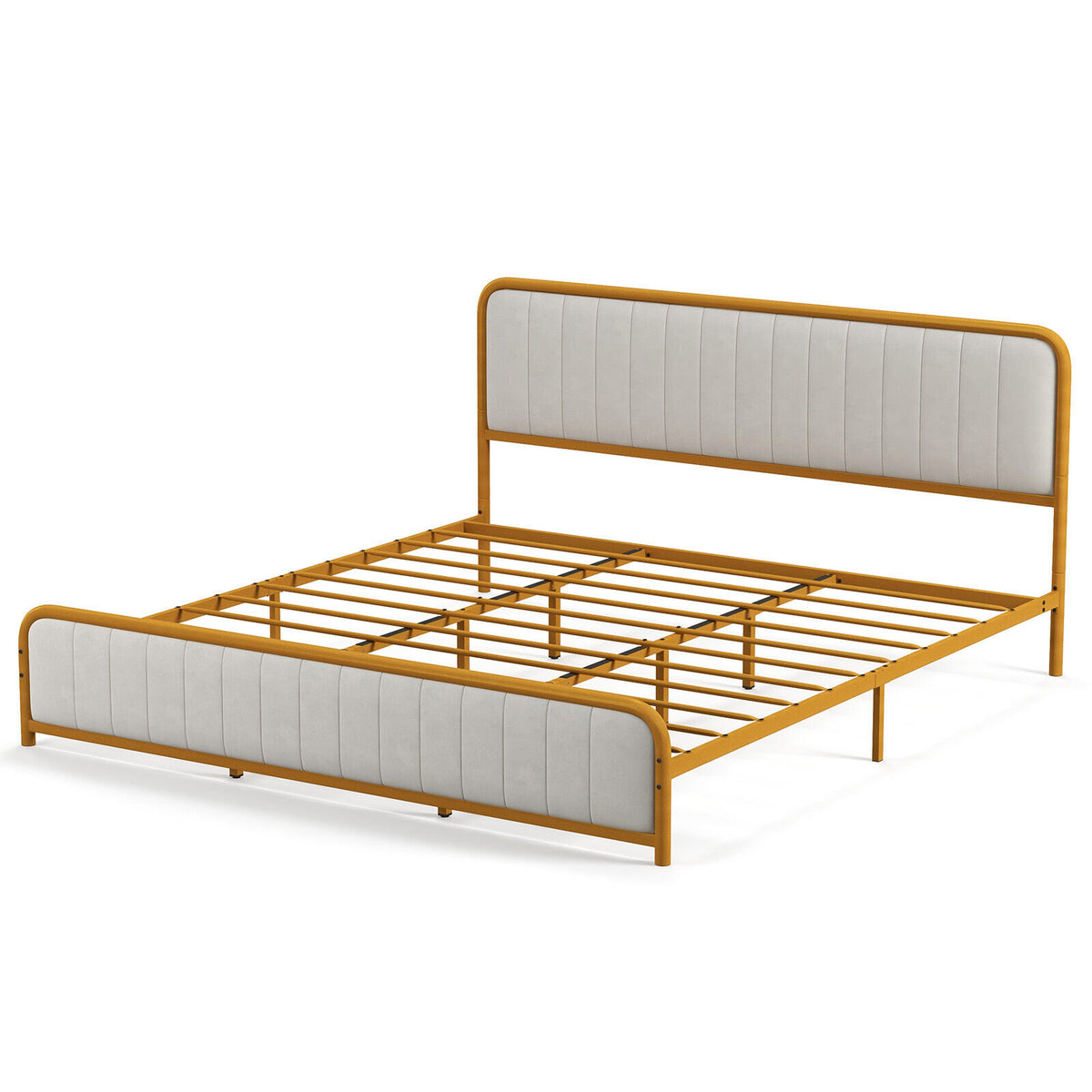 Upholstered Gold Platform Bed Frame with Velvet Headboard-King Size-Simple Bed Frame-DECOROLALA