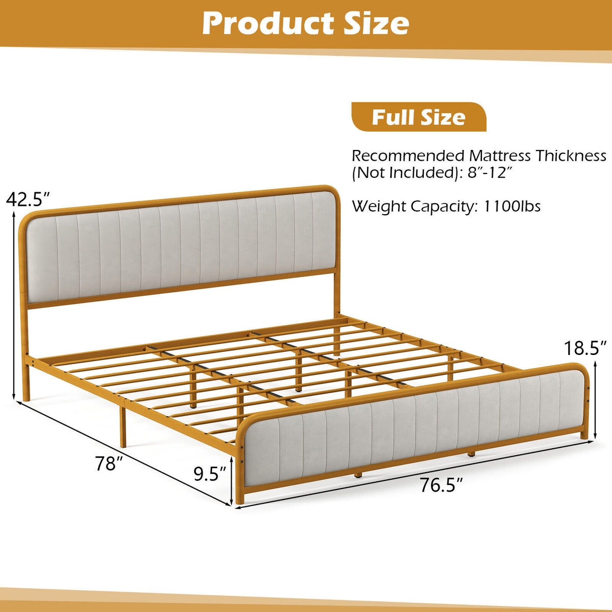Upholstered Gold Platform Bed Frame with Velvet Headboard-King Size-Simple Bed Frame-DECOROLALA
