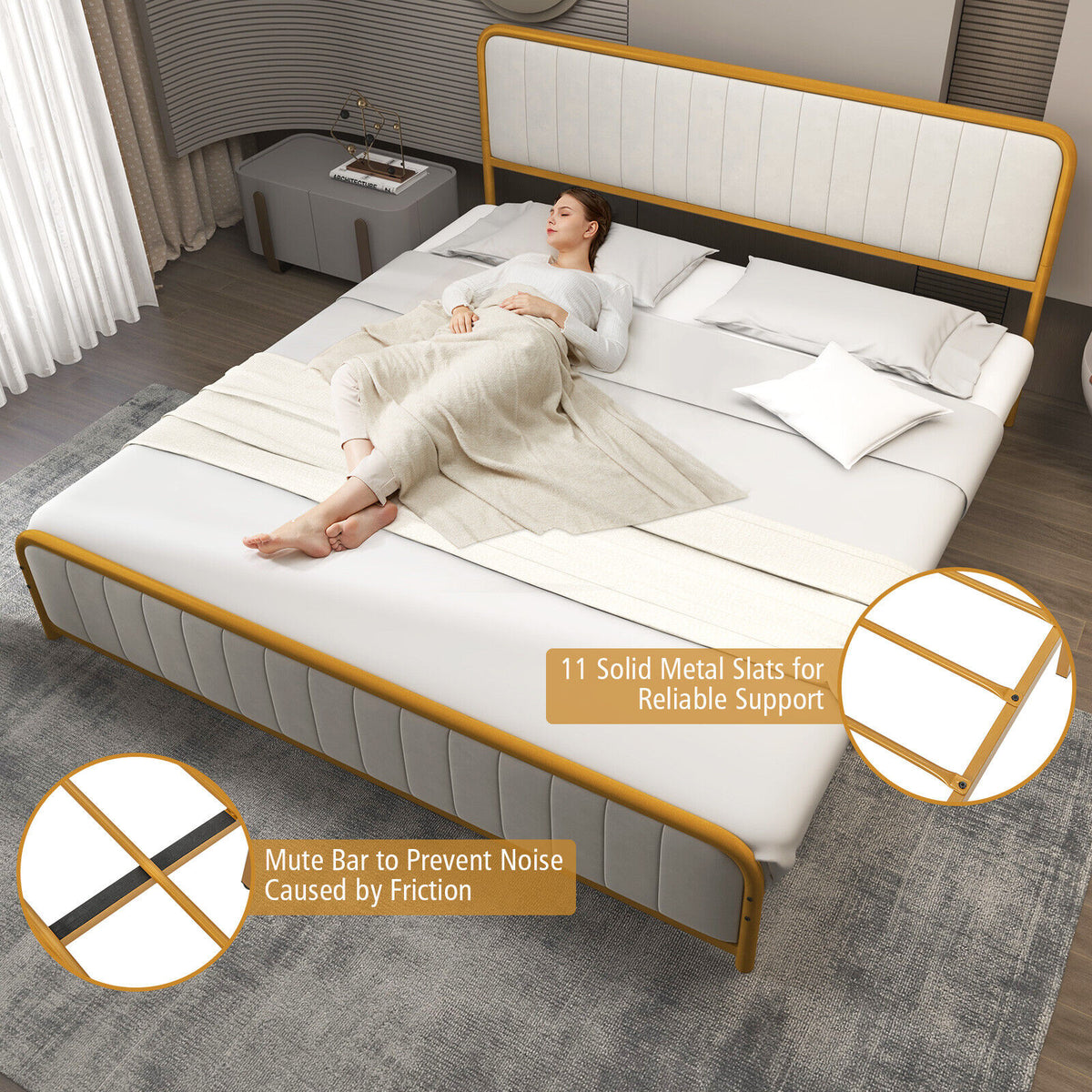 Upholstered Gold Platform Bed Frame with Velvet Headboard-King Size-Simple Bed Frame-DECOROLALA
