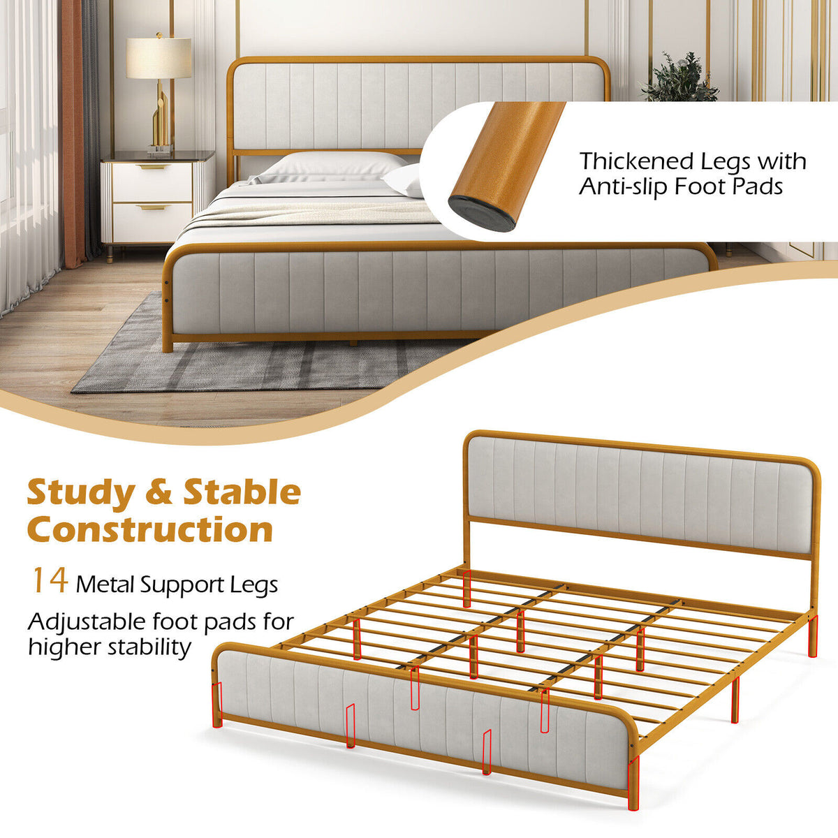 Upholstered Gold Platform Bed Frame with Velvet Headboard-King Size-Simple Bed Frame-DECOROLALA