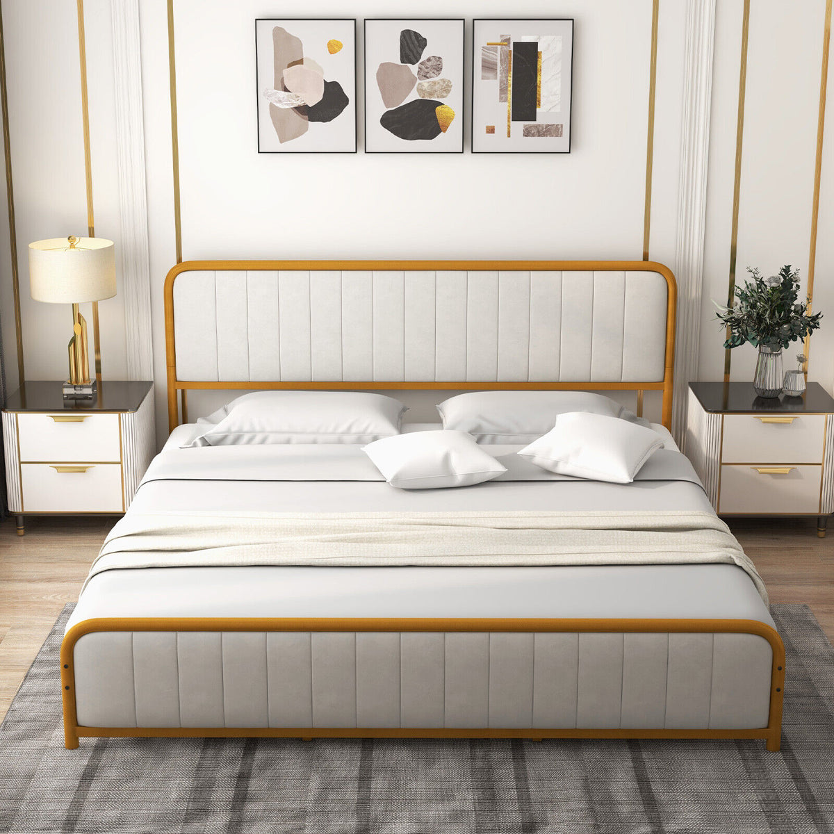 Upholstered Gold Platform Bed Frame with Velvet Headboard-King Size-Simple Bed Frame-DECOROLALA