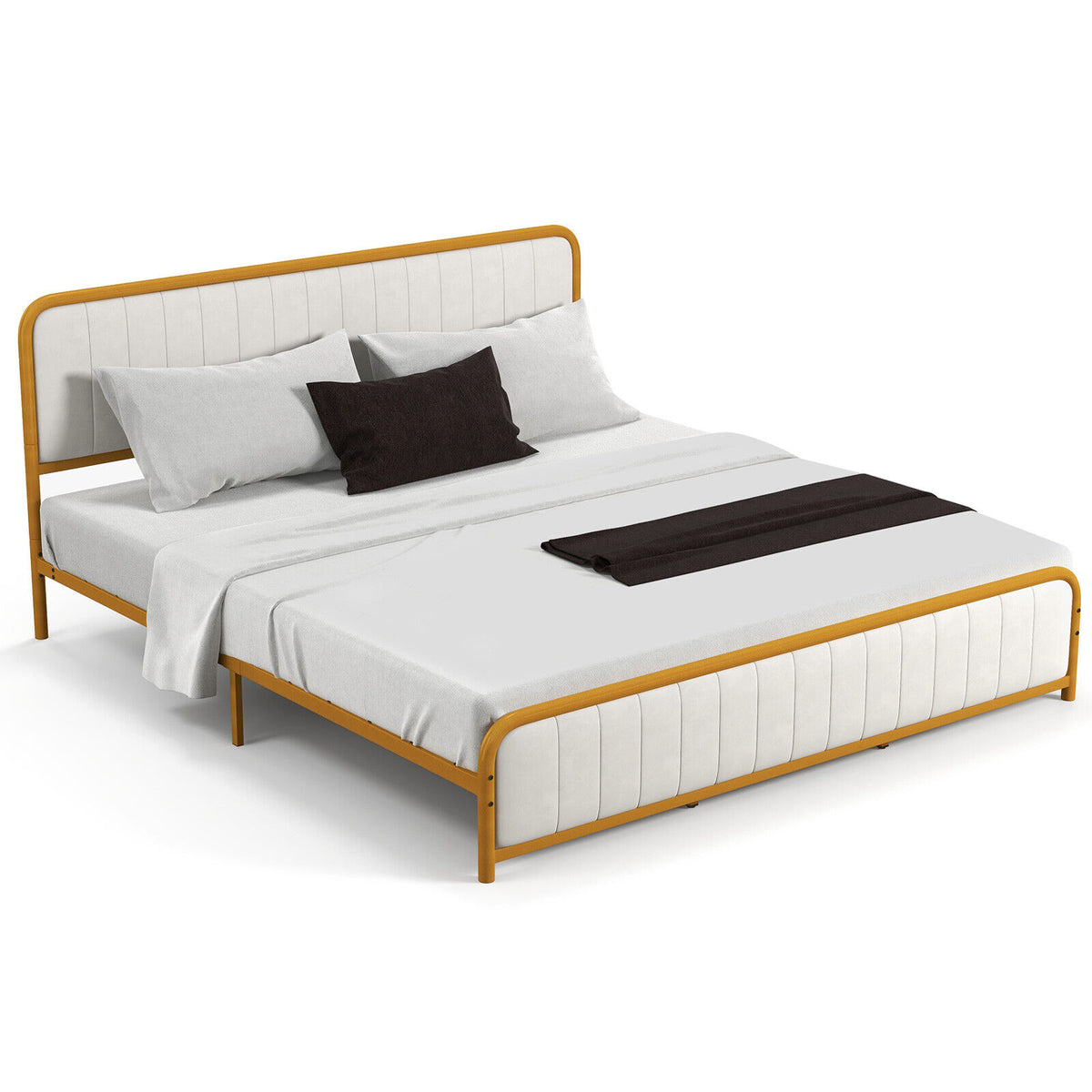 Upholstered Gold Platform Bed Frame with Velvet Headboard-King Size-Simple Bed Frame-DECOROLALA