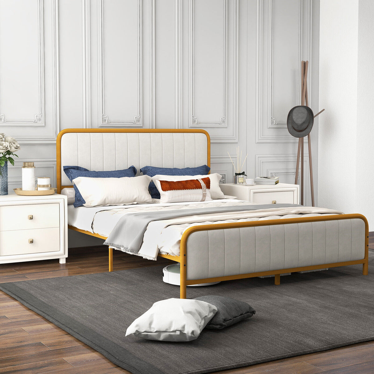 Upholstered Gold Platform Bed Frame with Velvet Headboard-Queen Size-Simple Bed Frame-DECOROLALA