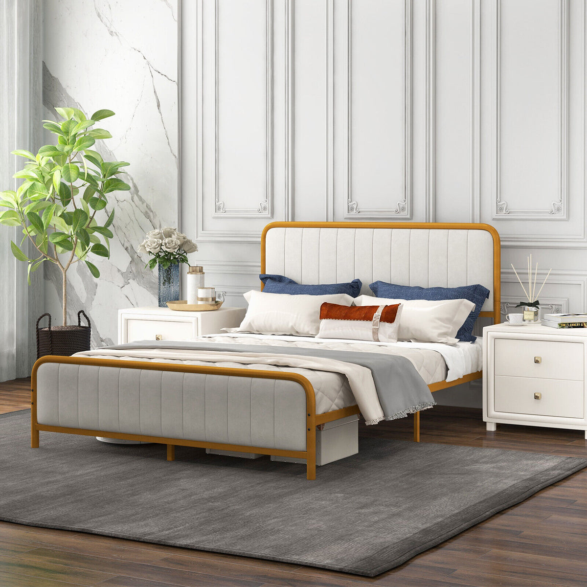 Upholstered Gold Platform Bed Frame with Velvet Headboard-Queen Size-Simple Bed Frame-DECOROLALA