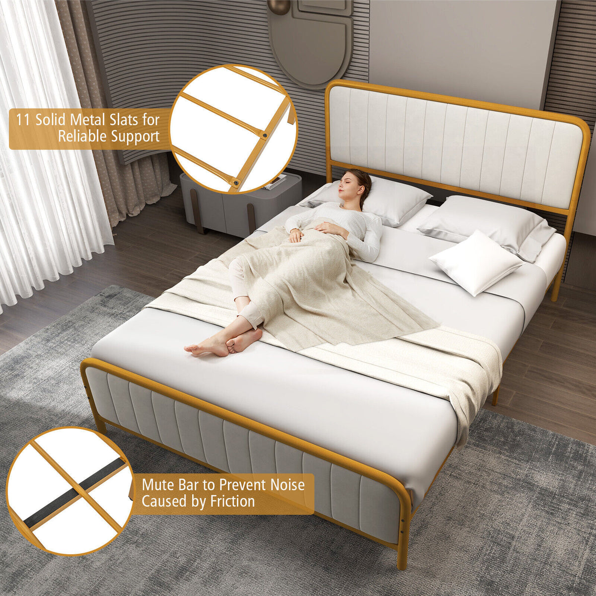 Upholstered Gold Platform Bed Frame with Velvet Headboard-Queen Size-Simple Bed Frame-DECOROLALA