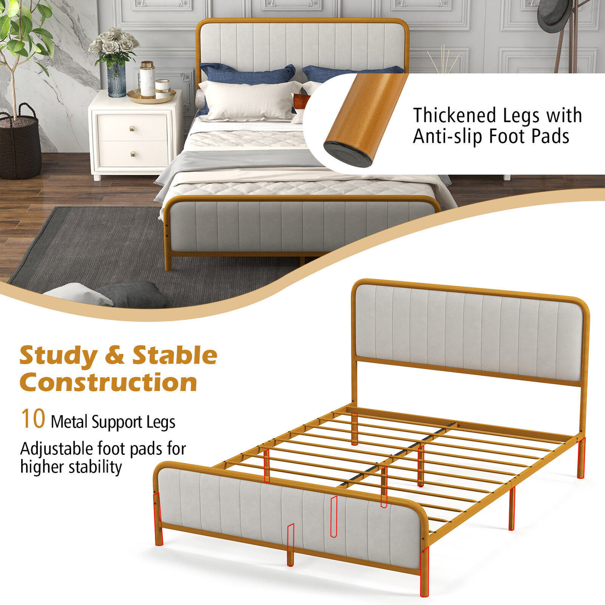 Upholstered Gold Platform Bed Frame with Velvet Headboard-Queen Size-Simple Bed Frame-DECOROLALA