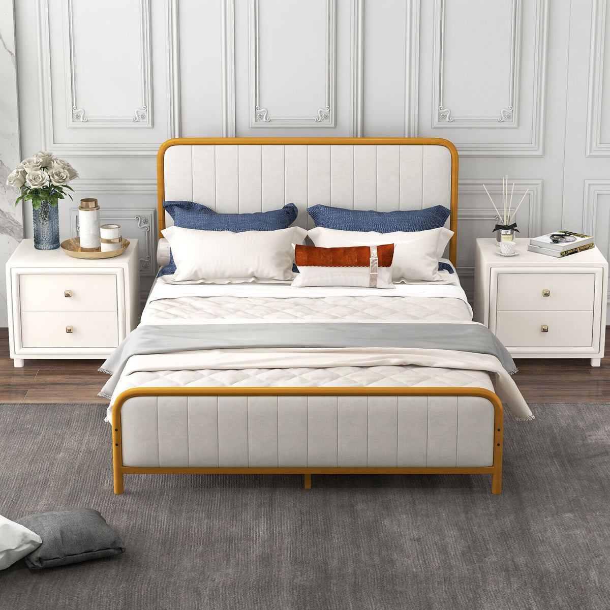 Upholstered Gold Platform Bed Frame with Velvet Headboard-Queen Size-Simple Bed Frame-DECOROLALA