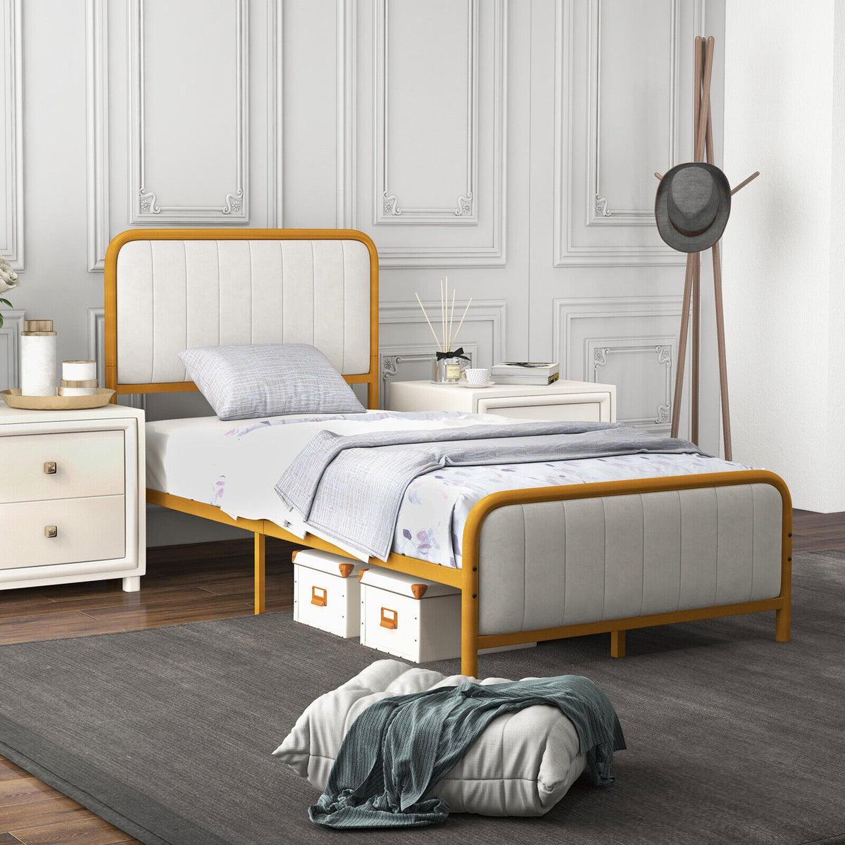 Upholstered Gold Platform Bed Frame with Velvet Headboard-Twin Size-Simple Bed Frame-DECOROLALA