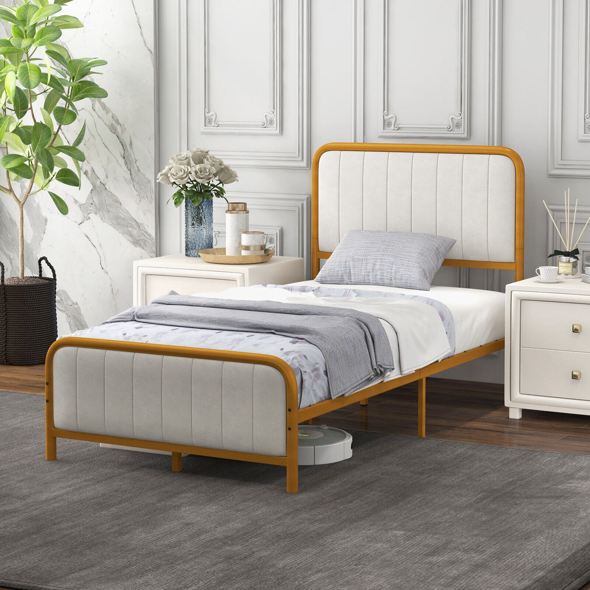 Upholstered Gold Platform Bed Frame with Velvet Headboard-Twin Size-Simple Bed Frame-DECOROLALA
